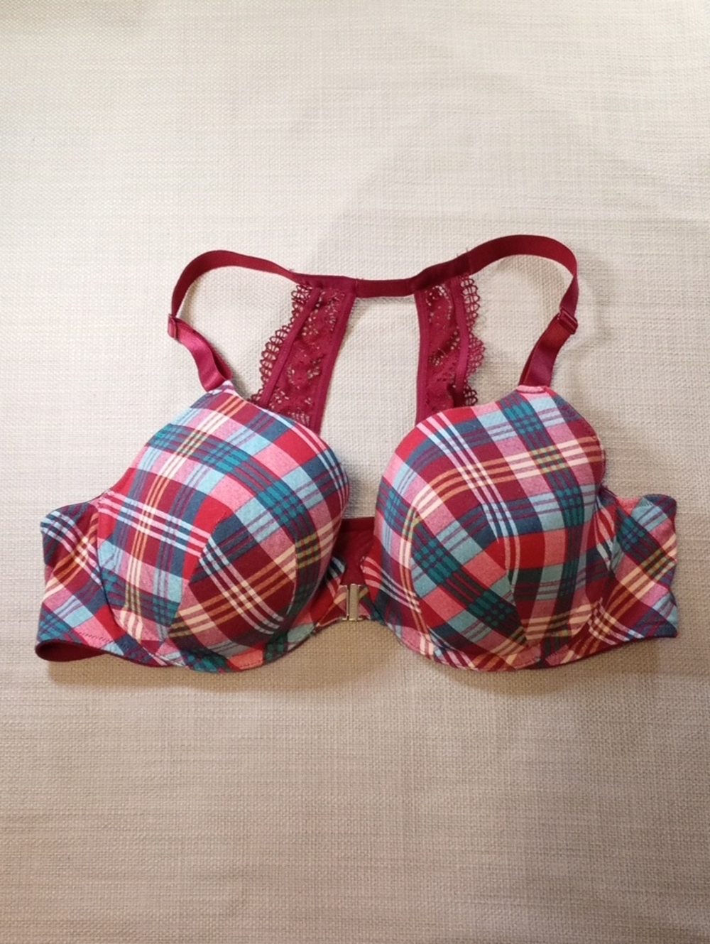 Cacique Red Plaid Push-Up T-Back Bra